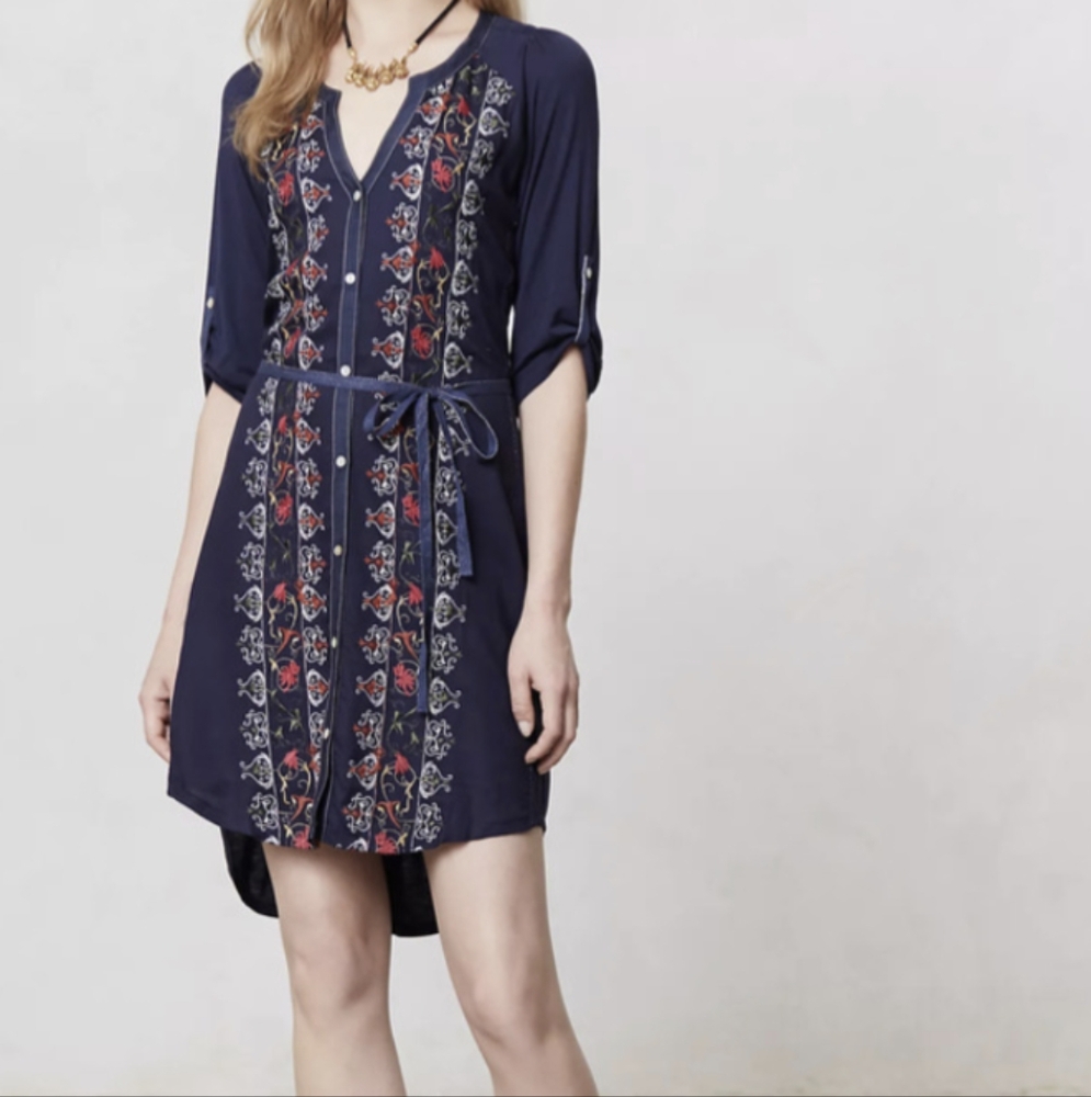 ANTHRO I Boho Navy Blue Plein Air Floral Embroidered Shirt Dress by Tiny, S - Picture 2 of 16